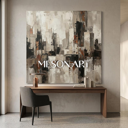Abstract City Skyline Painting With Plaster Texture For Industrial Loft Decor