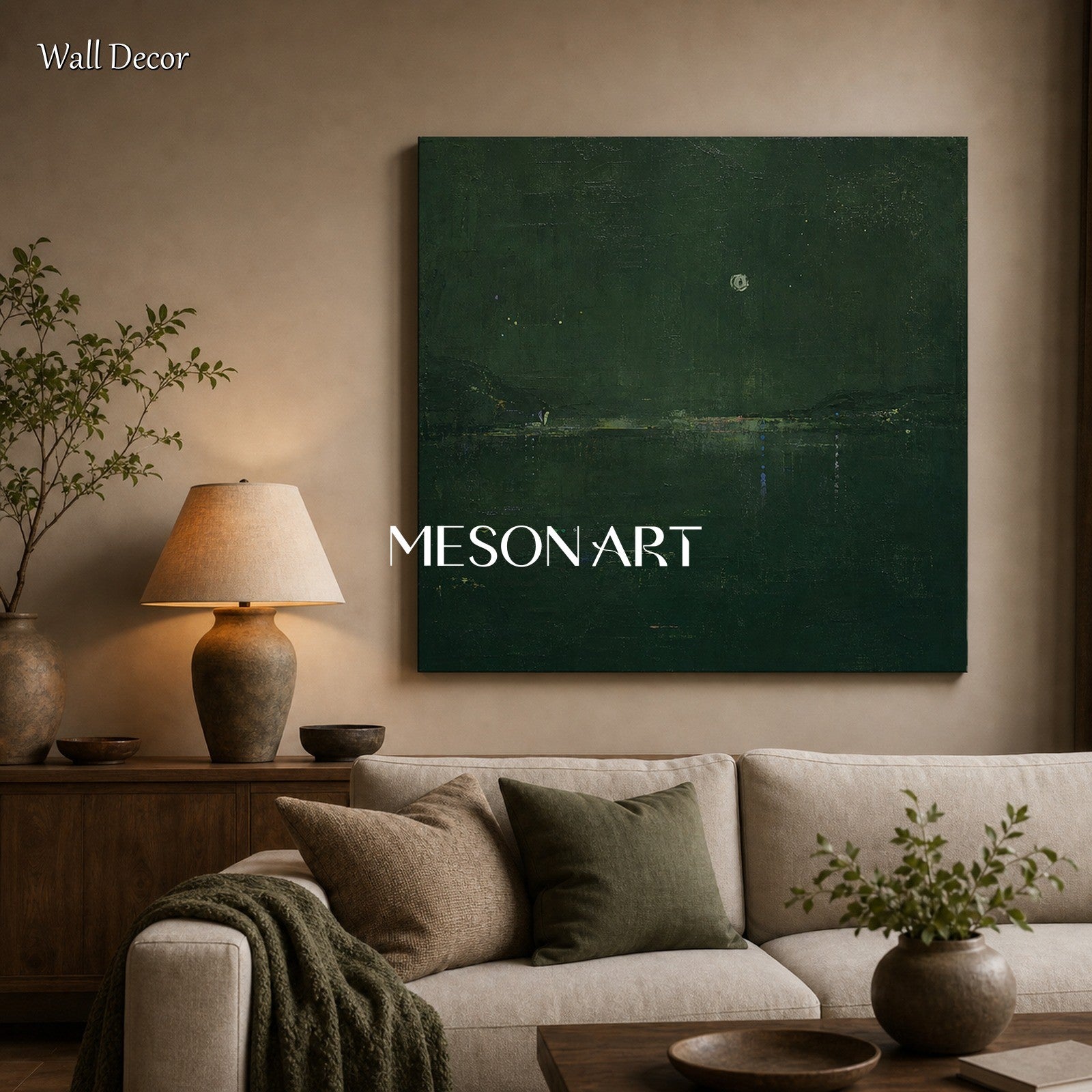 Emerald Green Abstract Landscape Painting With Gold Accents For Modern Living Room Wall Decor