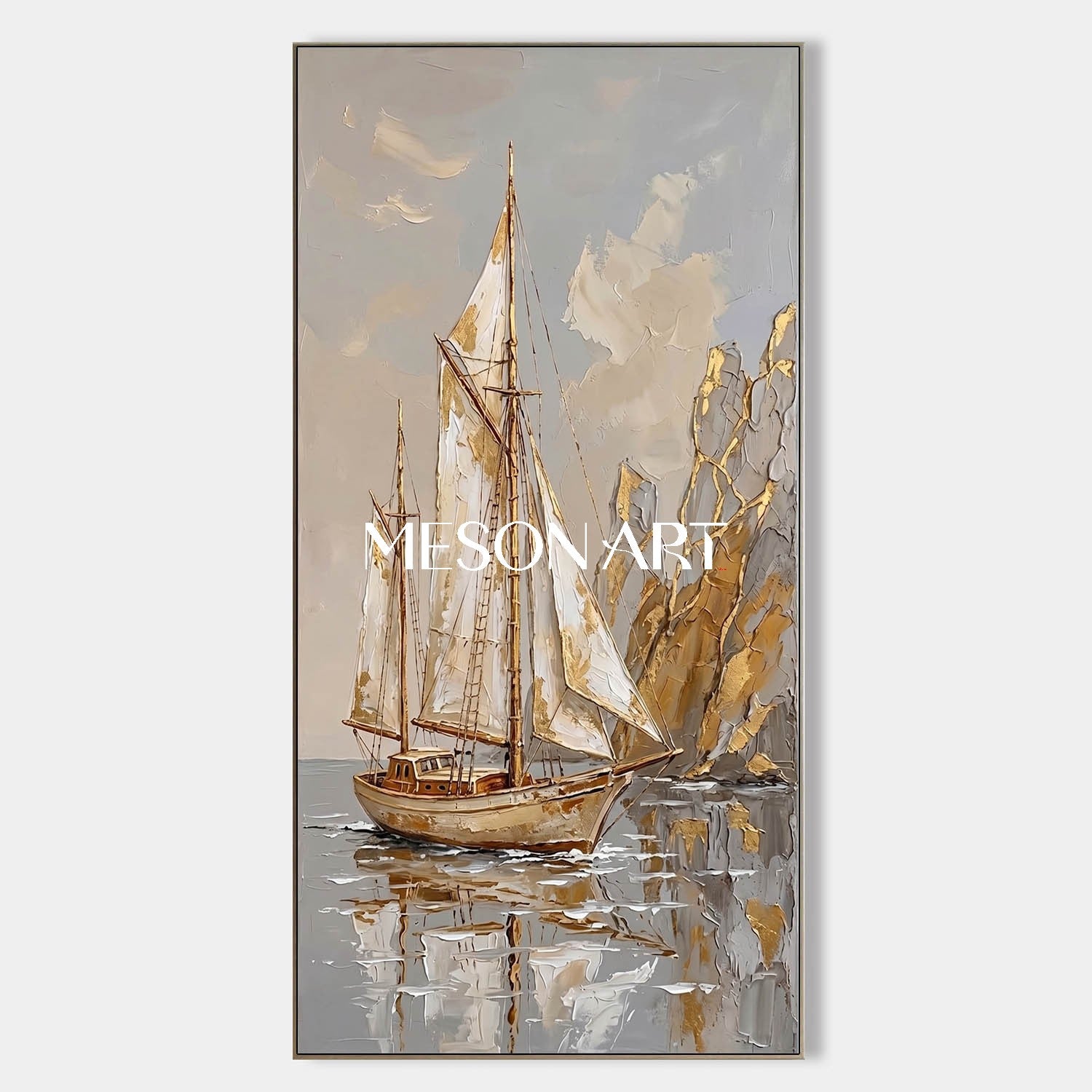 Art Deco Sailboat Painting With Gold Accents For Coastal Living Room Decor