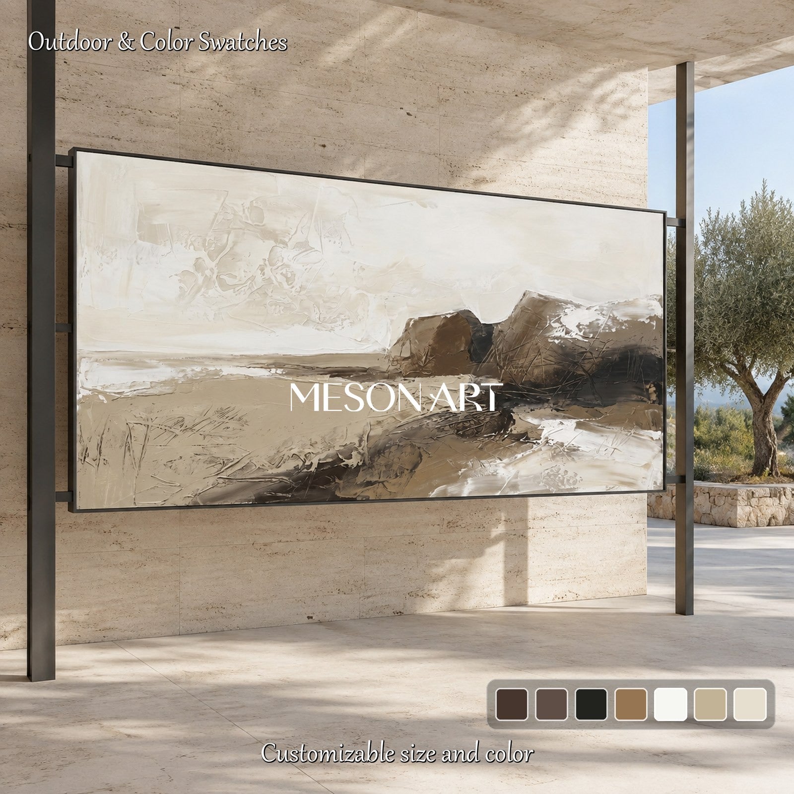 Beige And Brown Abstract Paintings For Wall Art Panoramic Framed Artwork By Mesonart
