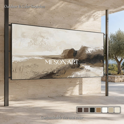 Beige And Brown Abstract Paintings For Wall Art Panoramic Framed Artwork By Mesonart