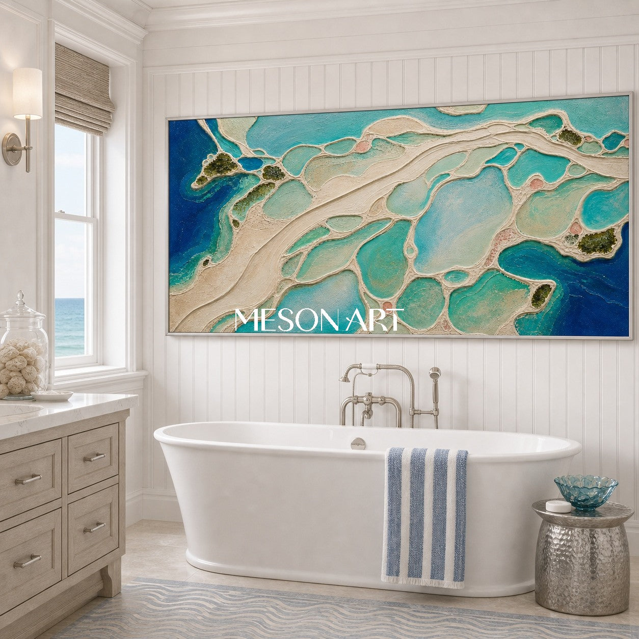 Abstract Coastal Lagoon Art With Fluid Textures For Modern Living Room Decor
