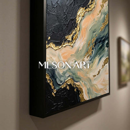 Gilded Tides Abstract Plaster Art With Gold Accents For Living Room Decor