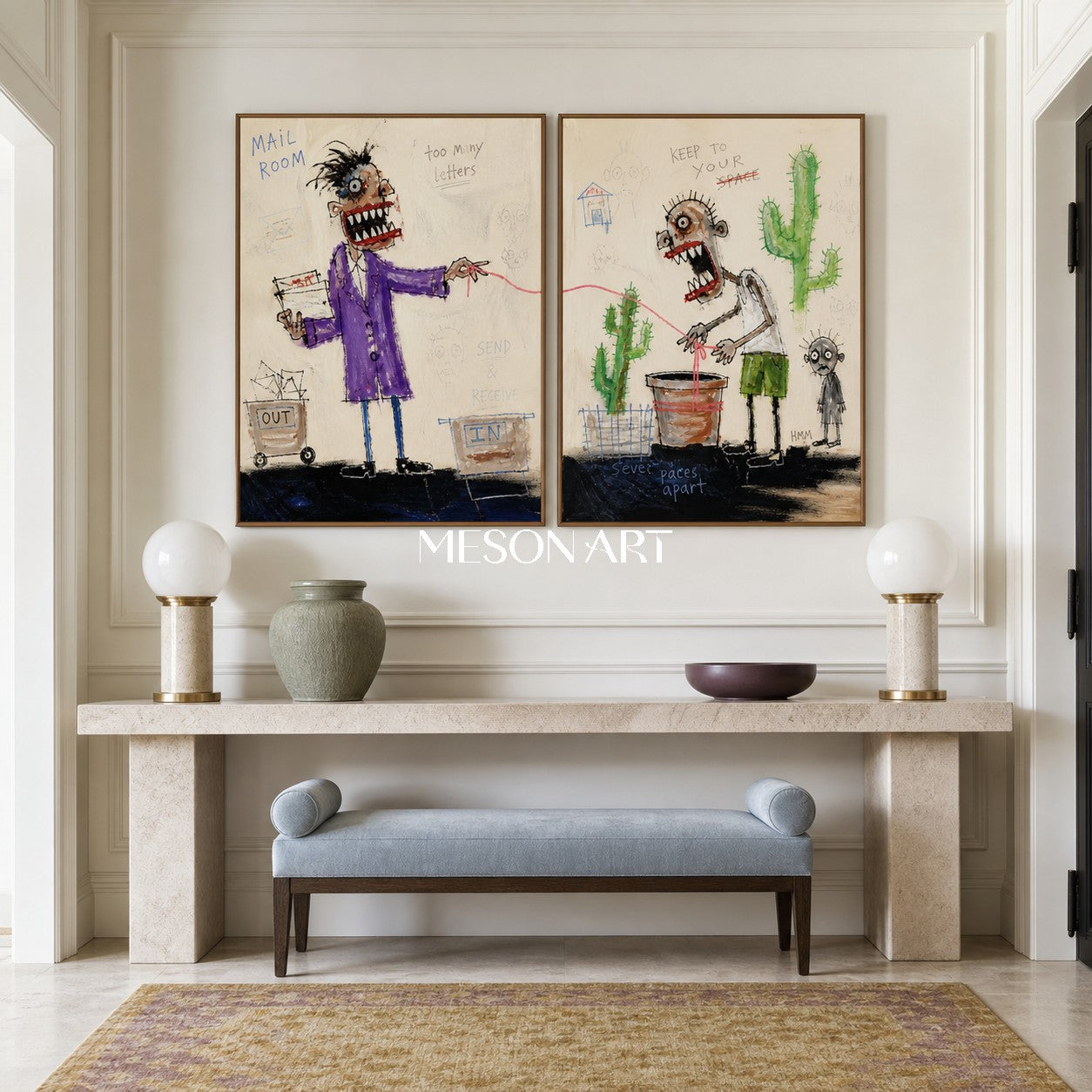 Beige And Purple Graffiti Figurative Cartoon Narrative Art Rectangular Wall Decor For Living Room By Mesonart