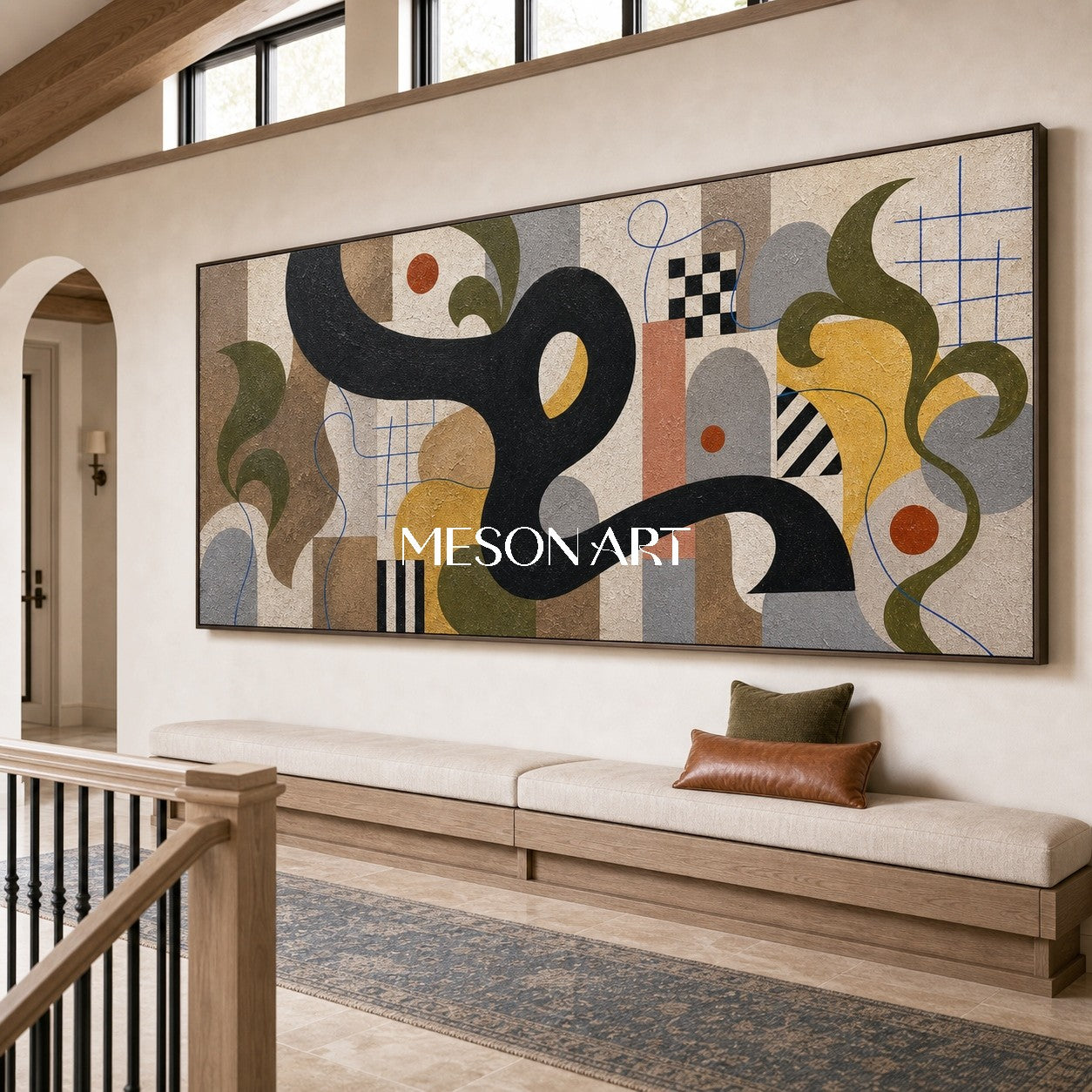 Mid Century Modern Abstract Painting With Geometric Shapes And Organic Lines For Living Room Decor
