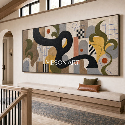 Mid Century Modern Abstract Painting With Geometric Shapes And Organic Lines For Living Room Decor