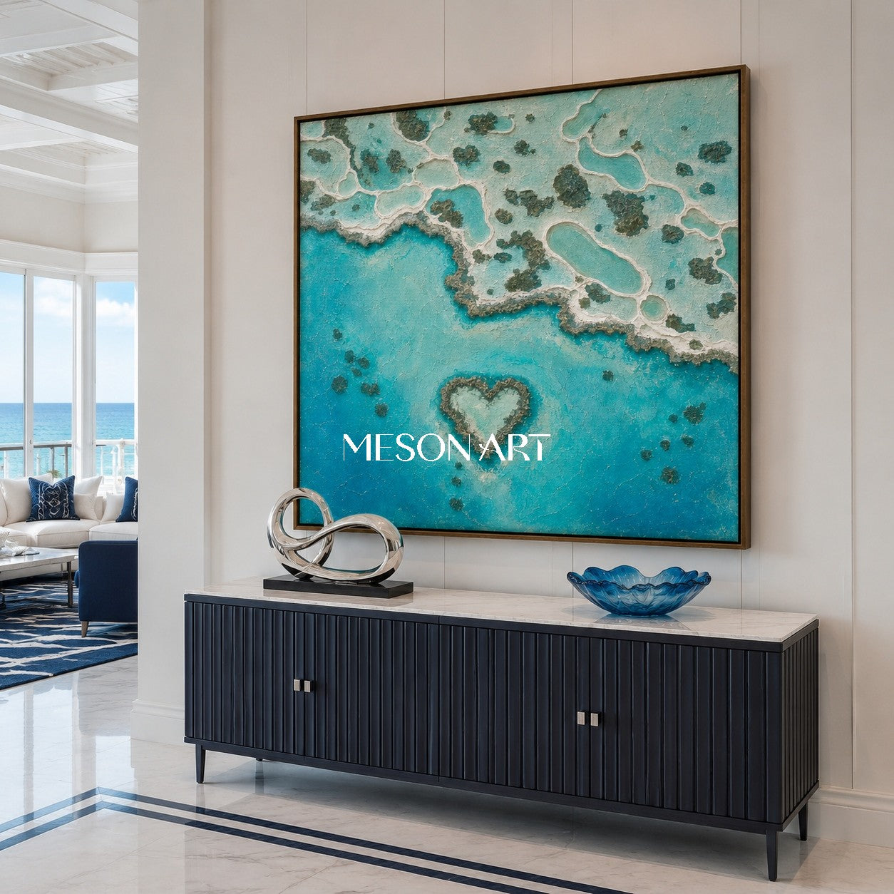Turquoise Heart Lagoon Abstract Ocean Art For Romantic Bedroom Decor