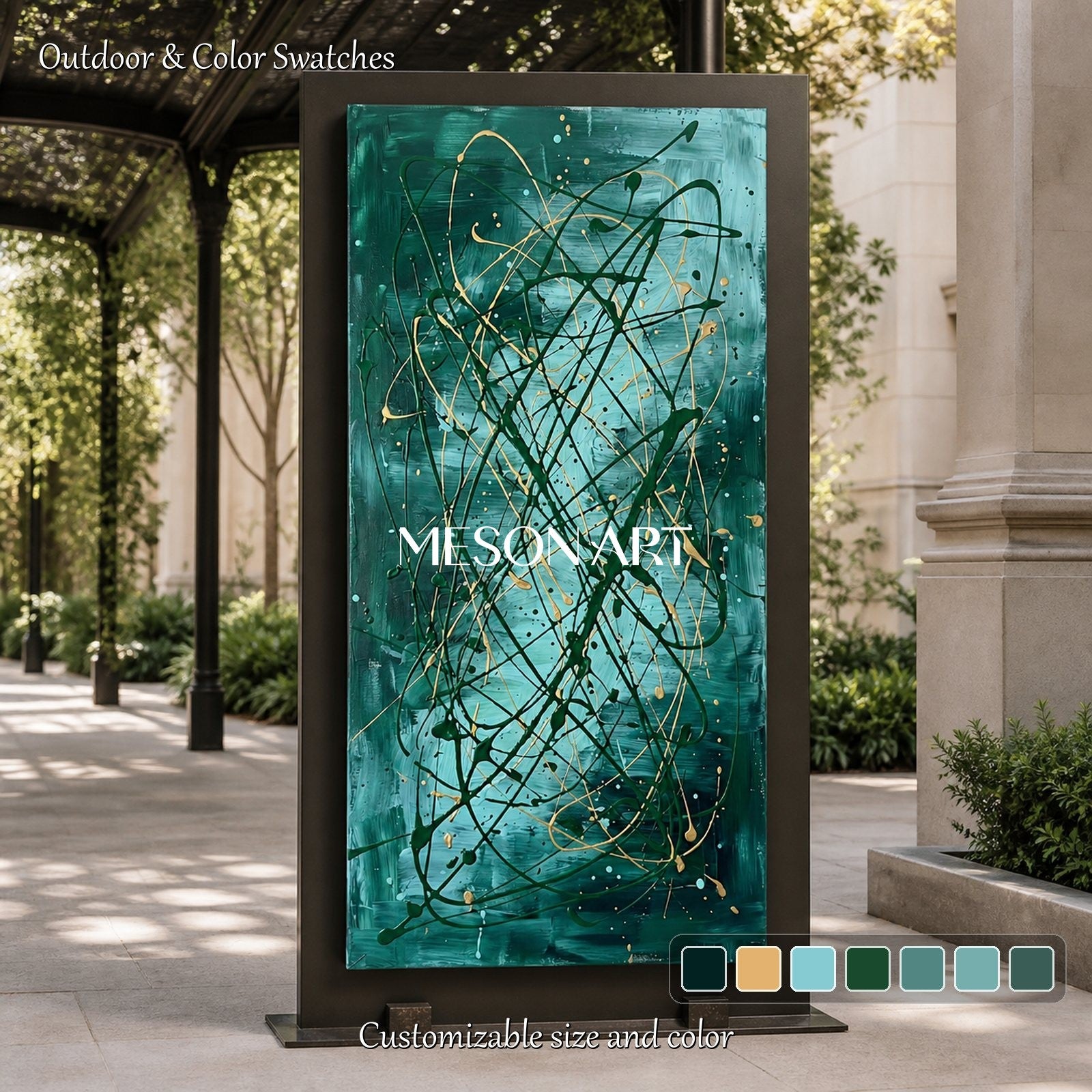 Green And Gold Jackson Pollock Inspired Abstract Expressionism Painting Panoramic Wall Art For Living Room By Mesonart