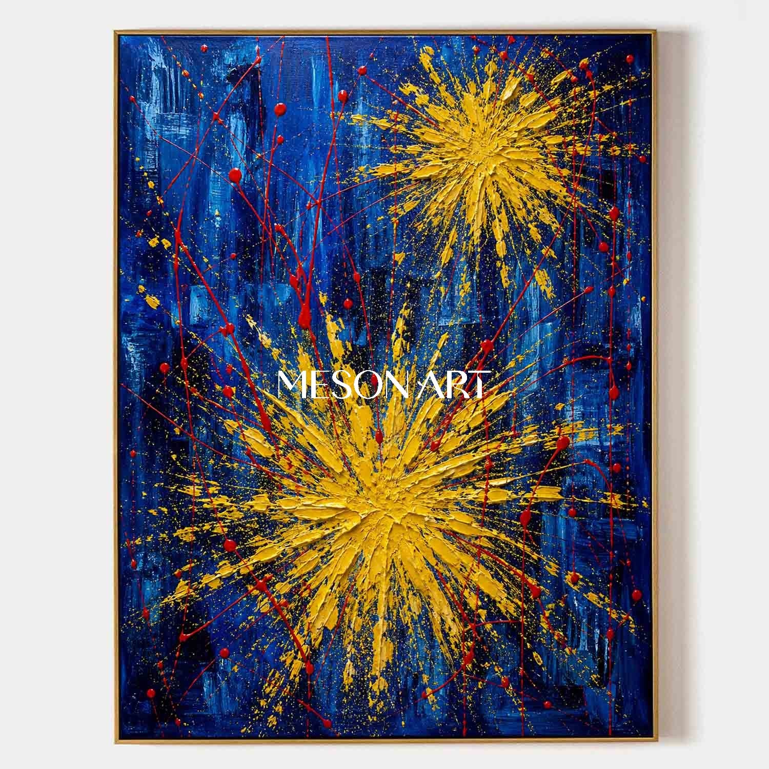Blue And Gold Abstract Painting With Textured Relief For Modern Living Room Decor