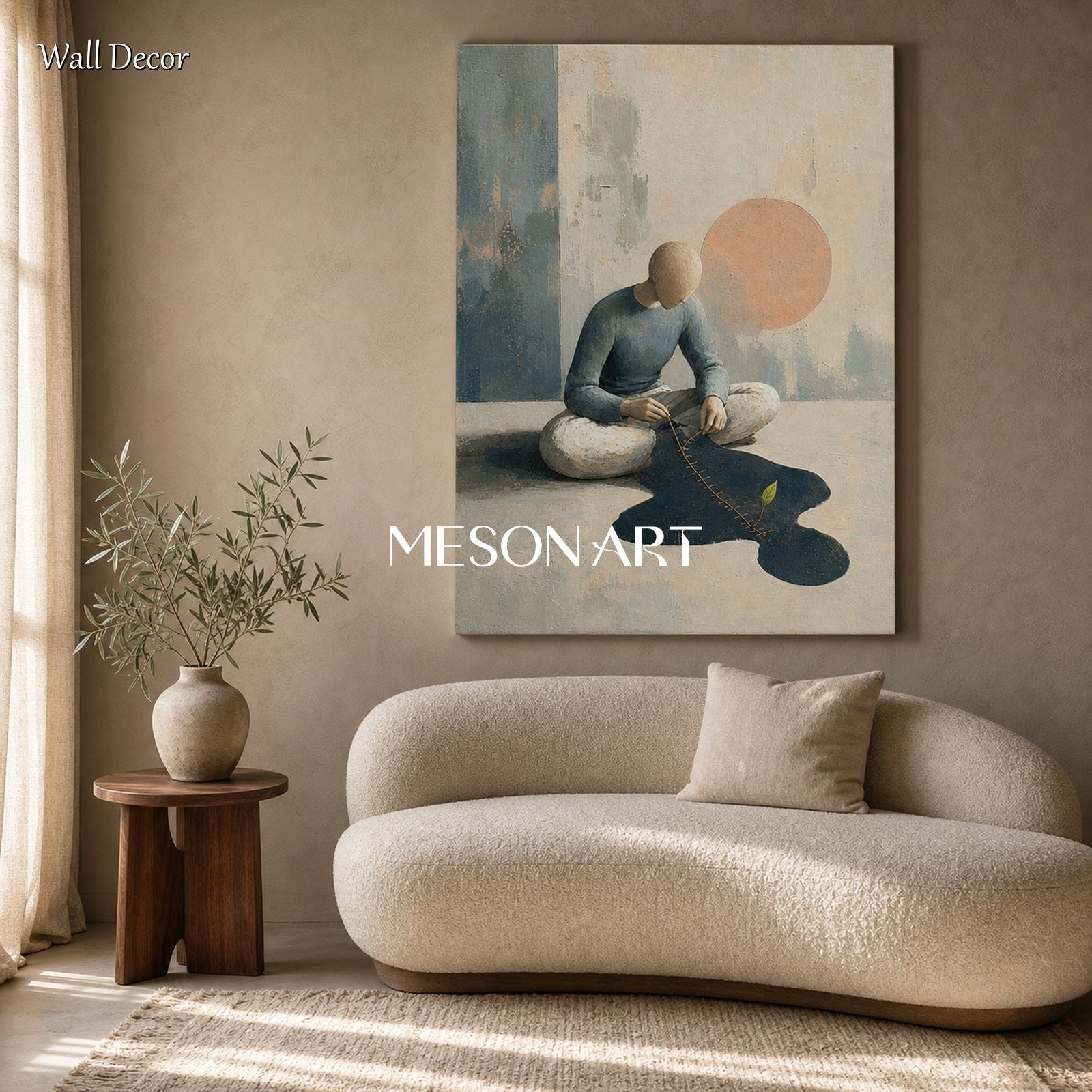 Surrealist Painting With Textured Relief And Golden Thread For Living Room Or Study Decor
