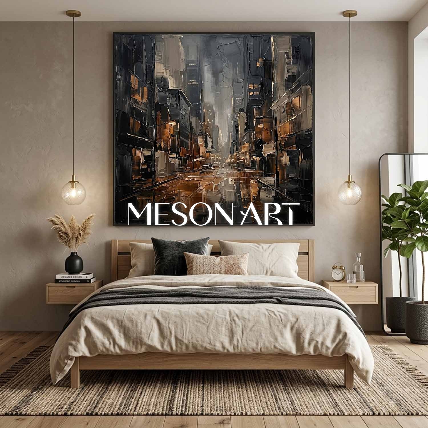 Bronze And Grey Abstract City Painting With Textured Plaster Finish For Executive Office Decor