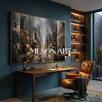 Abstract City Art With Gold Accents And Plaster Texture For Modern Living Room Decor