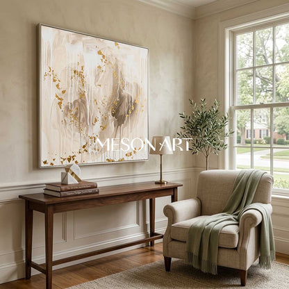 Gilded Abstract Painting With Gold Leaf For Elegant Living Room Decor