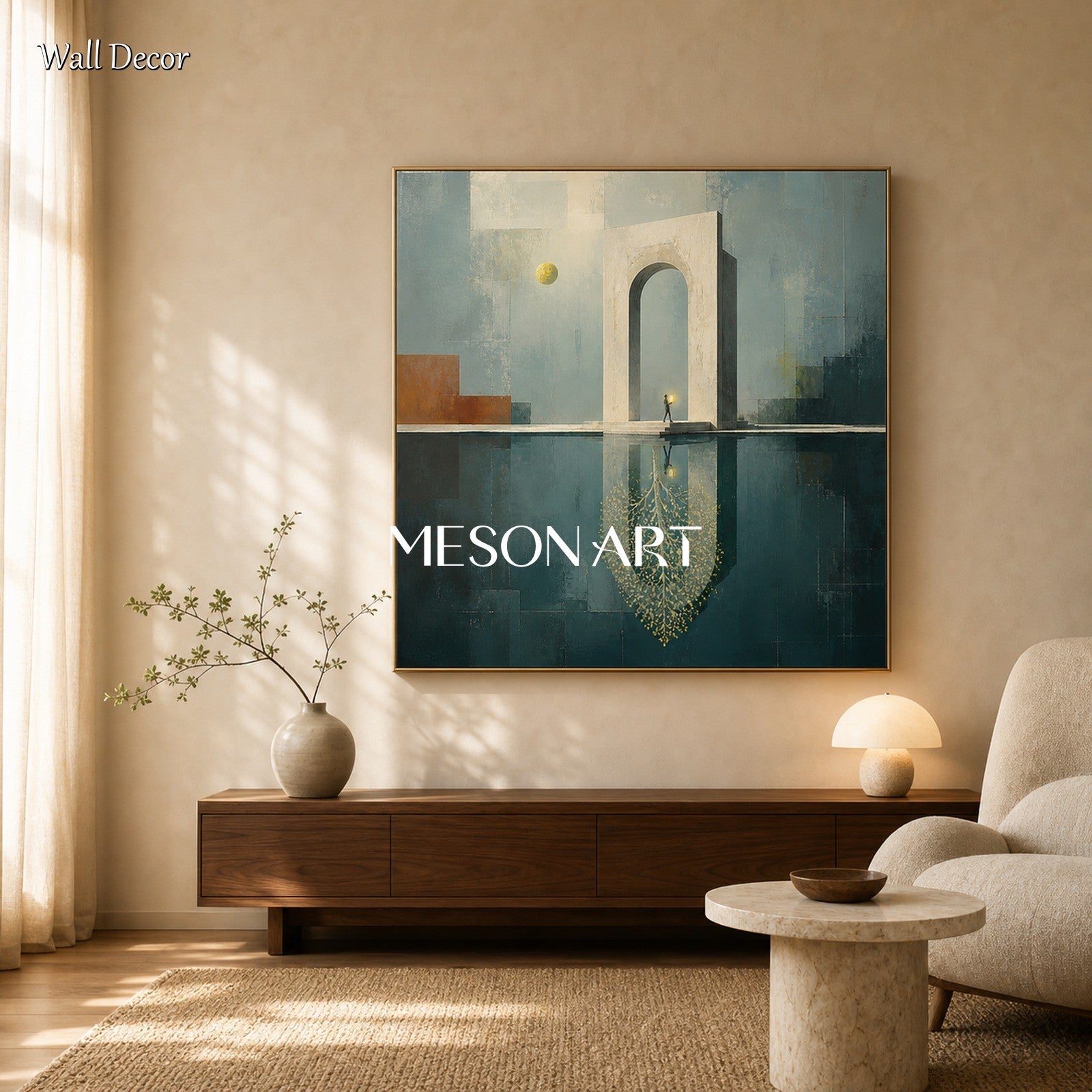 Surrealist Architecture Painting With Golden Accents For Art Deco Interior Design