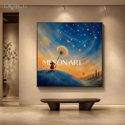 Blue And Gold Painting Whimsical Fantasy Dandelion Girl Starry Sunset Storybook Square Wall Art For Bedroom By Mesonart