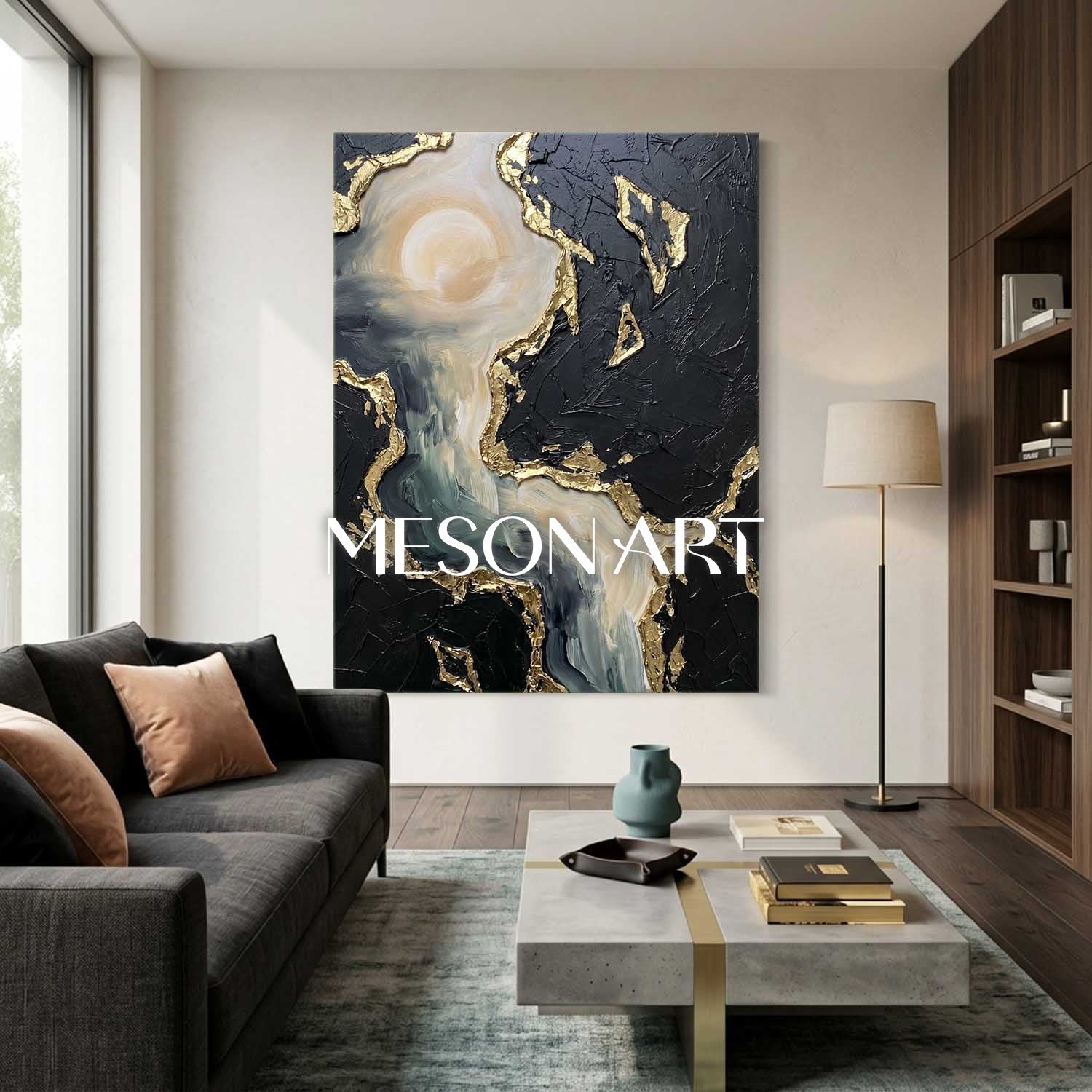 Abstract Plaster Texture Art With Gold Leaf For Modern Living Room Decor