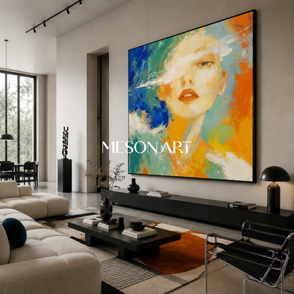 Blue And Orange Abstract Portrait Painting Colorful Contemporary Modern Woman Original Oil On Canvas Square Wall Art By Mesonart