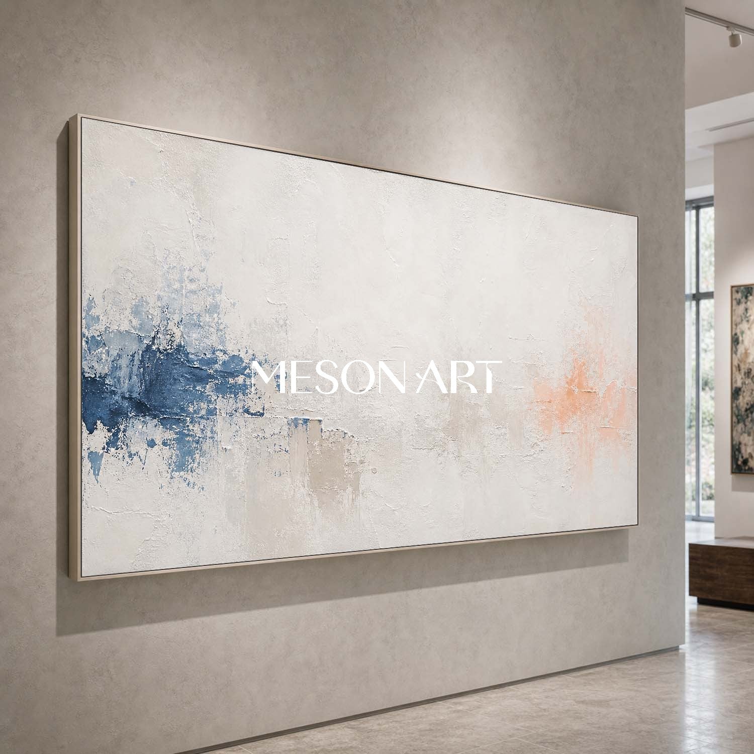 Blue And White Minimalist Abstract Painting For Modern Living Room Decor With Textured Canvas