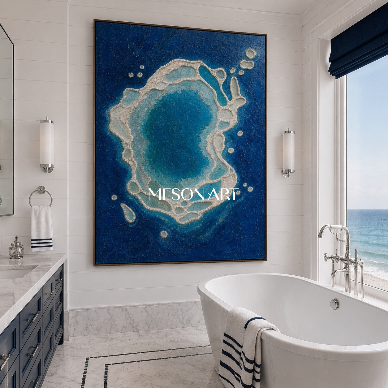 Azure Lagoon Circle Textured Blue And White Ocean Art For Living Room