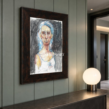 Black And White Figurative Expressionist Portrait Painting Rectangular Wall Art For Living Room By Mesonart