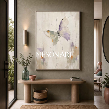 Minimalist Butterfly Abstract Painting In Violet Beige For Modern Home Decor