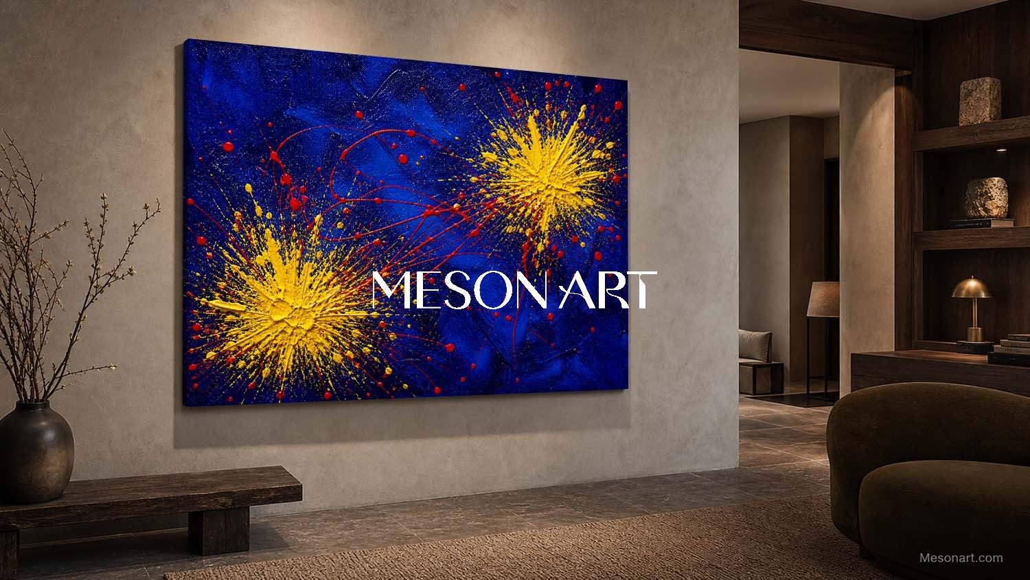Original Yellow Blue Abstract Pollock Style Art With Dynamic Splatter Technique For Living Room