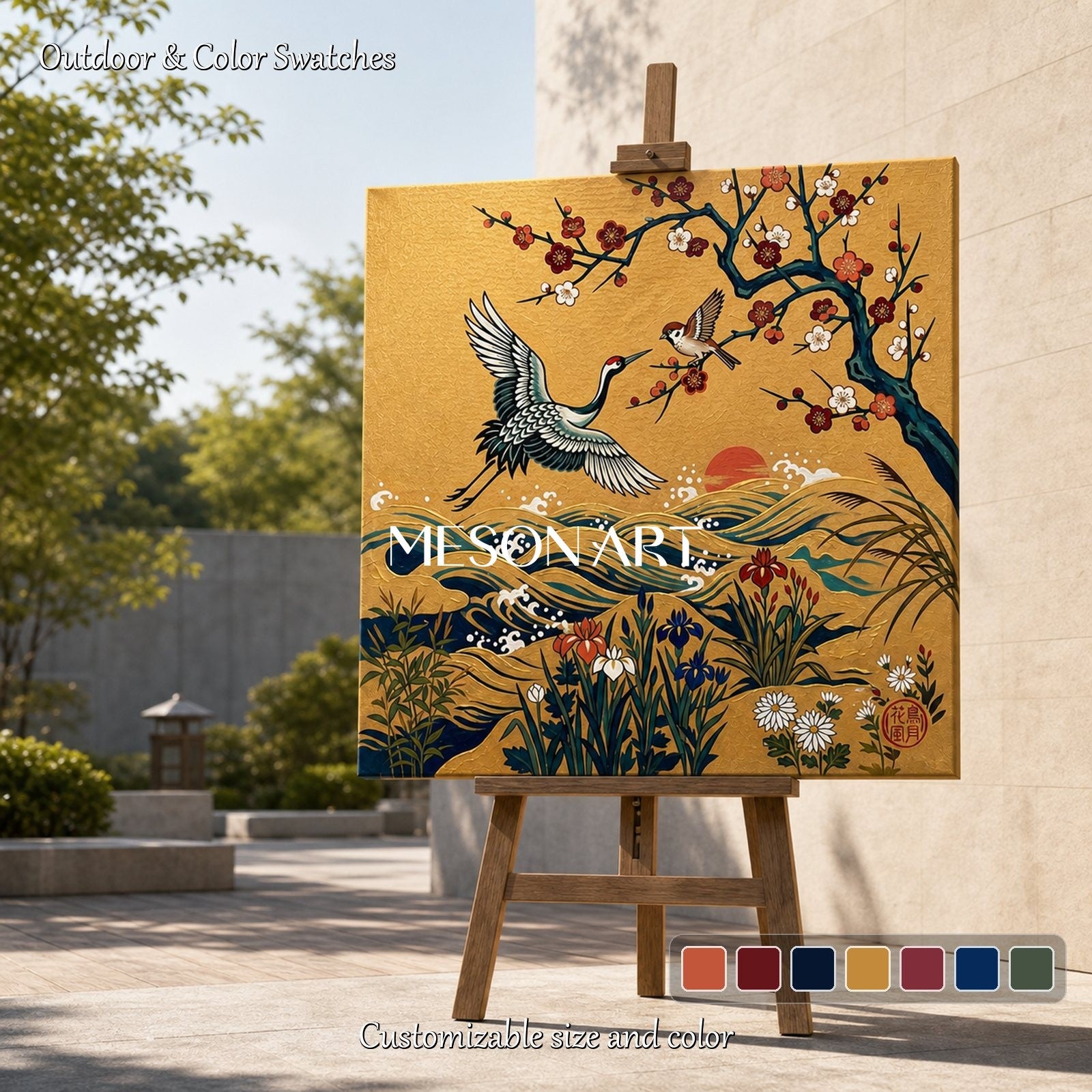 Luxury Golden Crane And Plum Blossom Wall Art For Modern Living Room Entryway