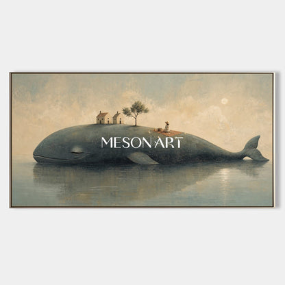 Surrealist Whale Island Painting For Modern Living Room And Bedroom Decor With Soft Moonlight Fantasy Theme