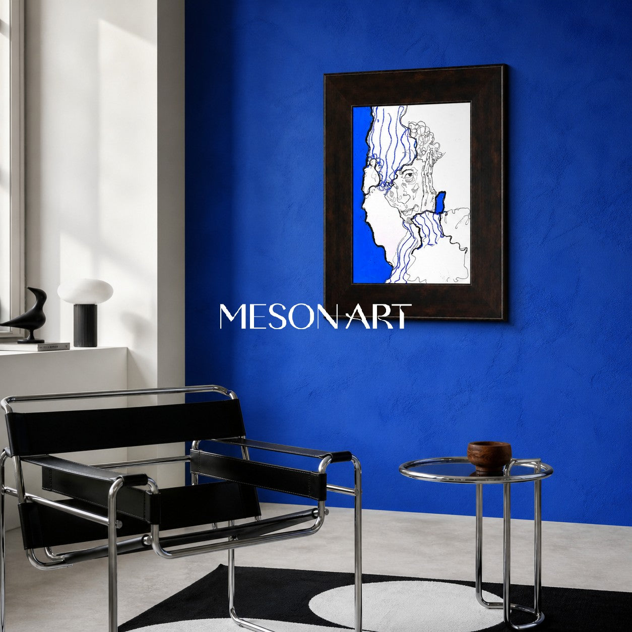 Modern Abstract Blue And Black Line Art Painting For Contemporary Home Decor