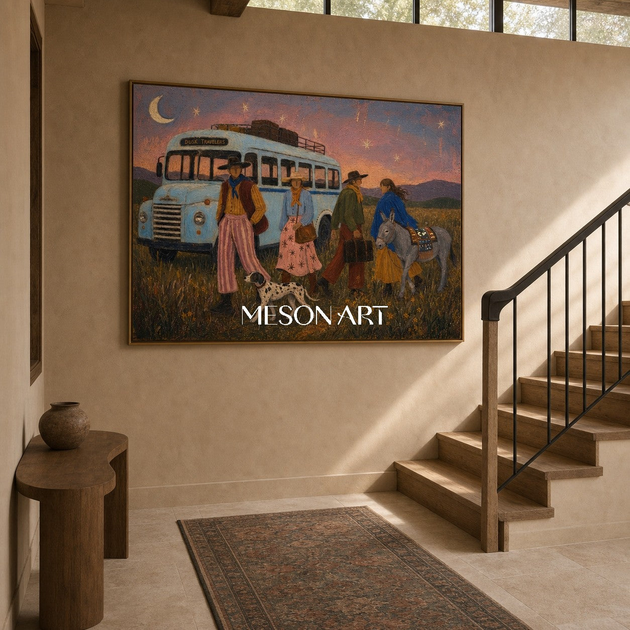 Bohemian Travel Art With Vintage Bus And Nomadic Figures For