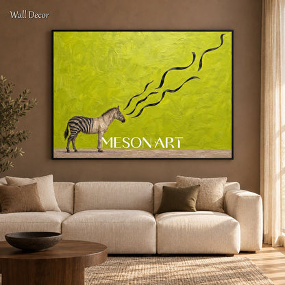 Green And Black Surrealism Abstract Zebra Painting Rectangular Wall Art For Living Room By Mesonart