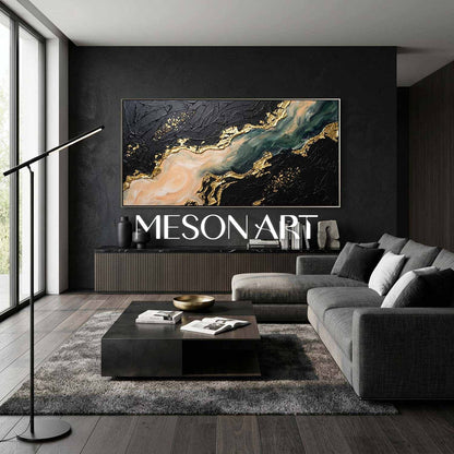 Luxury Black And Gold Plaster Abstract Art With Fluid Motion For Modern Living Room