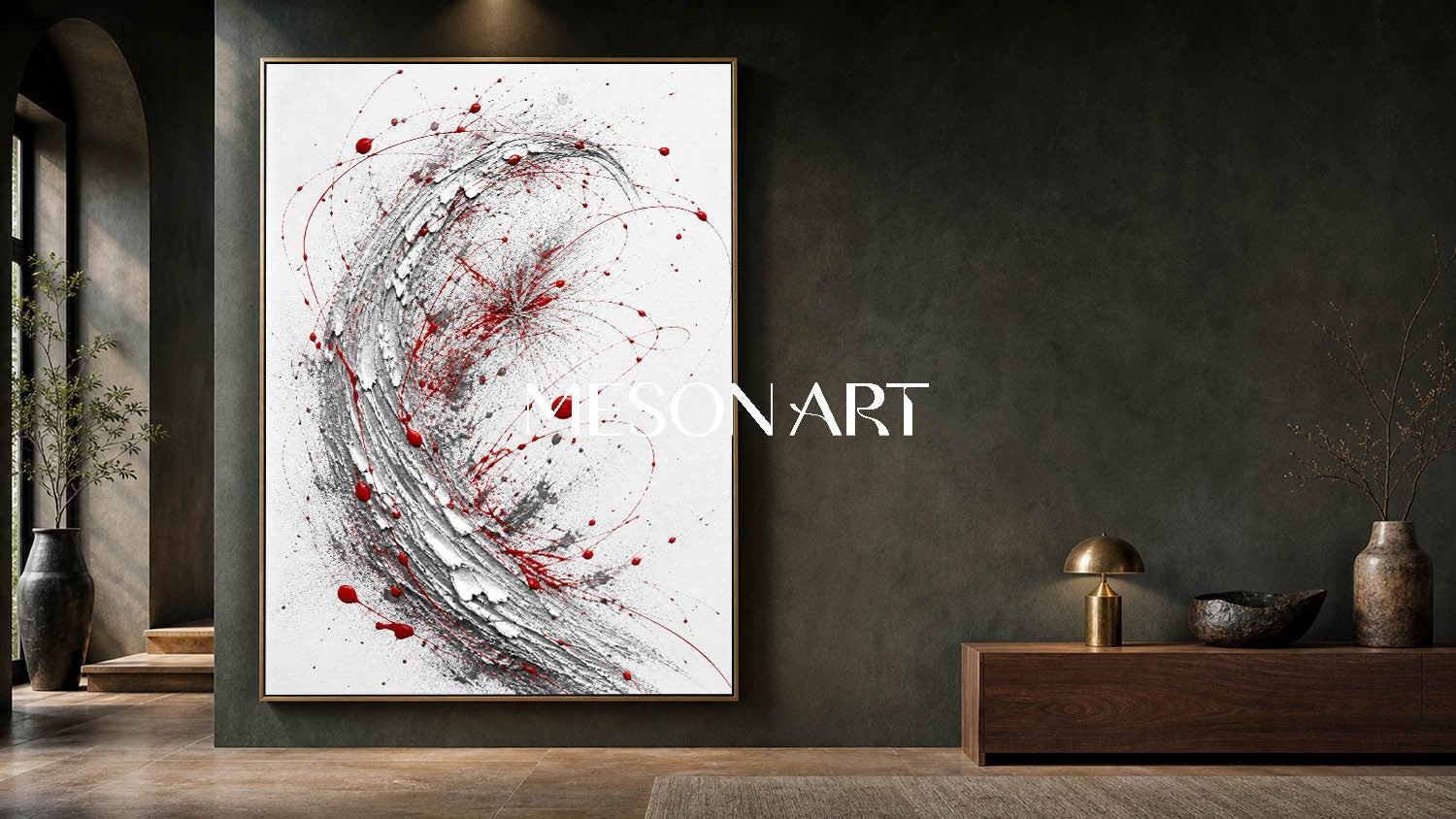 Red And White Abstract Wall Art With Textured Silver Swirl For Modern Living Room Decor