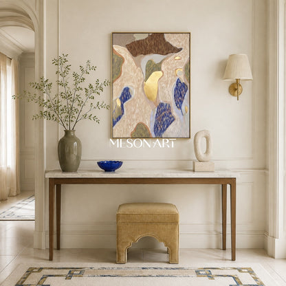 Beige And Gold Abstract Textured Painting Organic Contemporary Rectangular Wall Art For Living Room By Mesonart