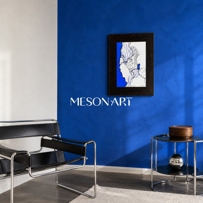 Modern Abstract Blue And Black Line Art Painting For Contemporary Home Decor