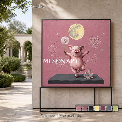 Pink And Gold Painting Surrealist Yoga Pig Original Artist Hand Painted Square Wall Art For Living Room By Mesonart
