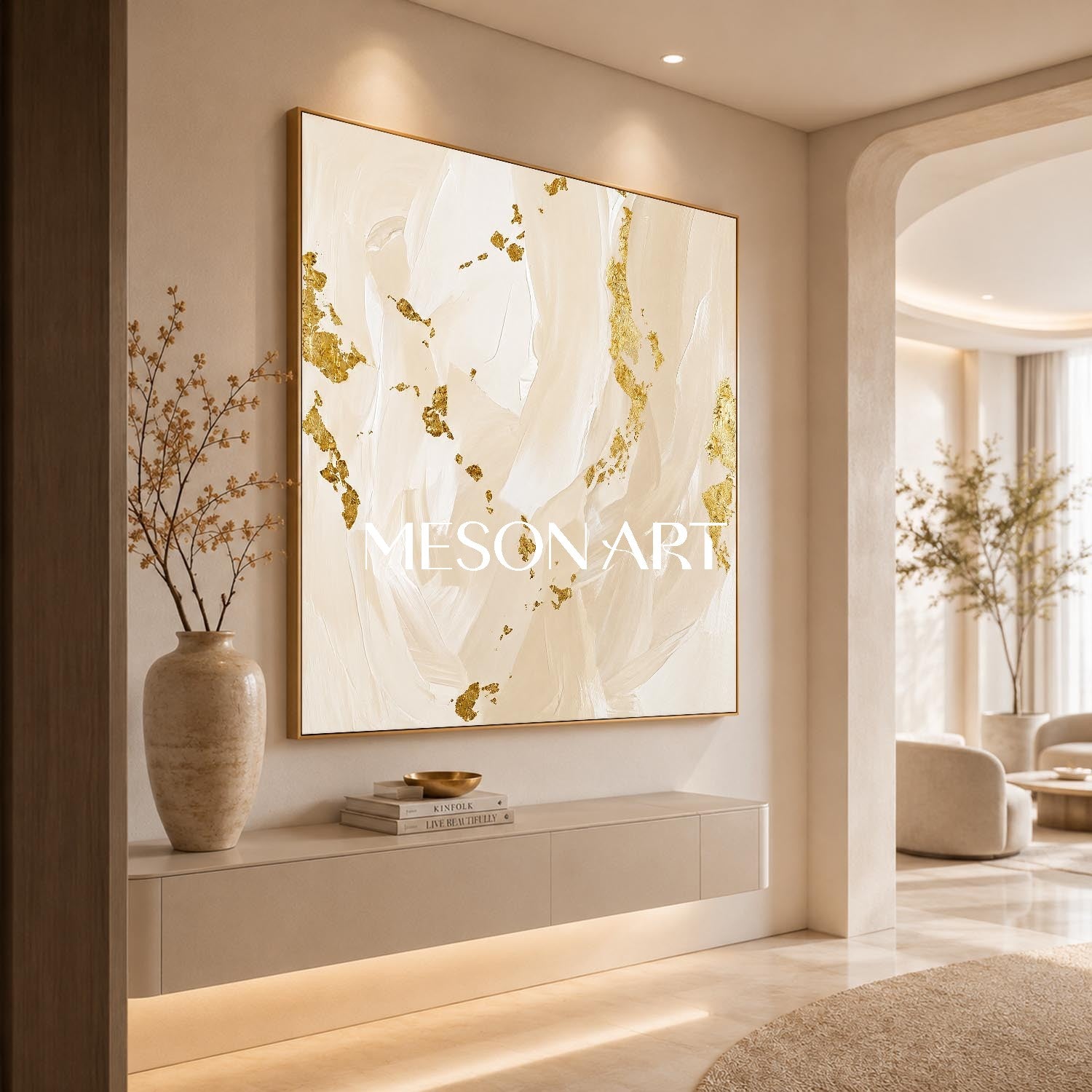 Luxury Gold Leaf Abstract Painting Beige Minimalist Art For Modern Home Decor