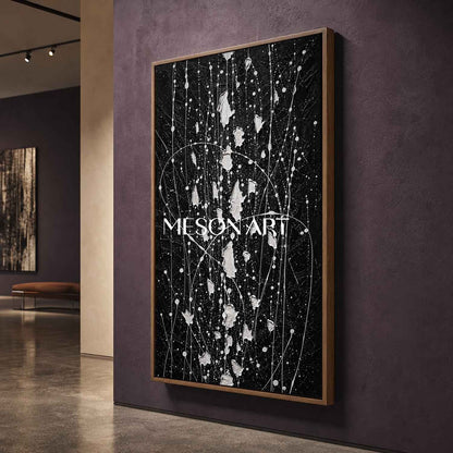 Large Black And White Abstract Pollock Art For Modern Living Room Decor