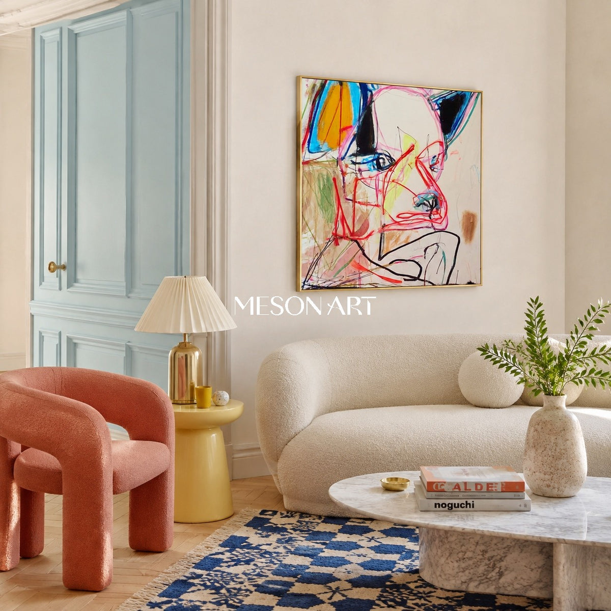 Red And Blue Graffiti Expressionist Abstract Portrait Square Wall Art For Living Room By Mesonart