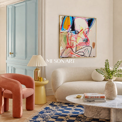 Red And Blue Graffiti Expressionist Abstract Portrait Square Wall Art For Living Room By Mesonart