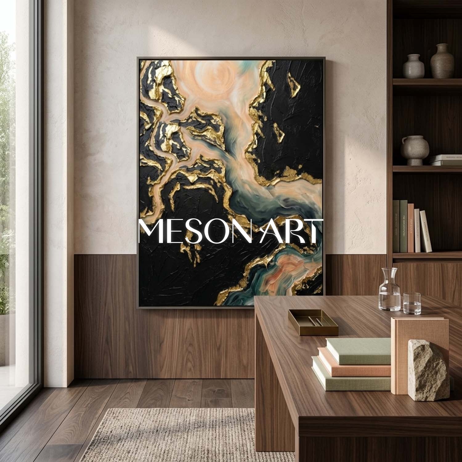 Gilded Abstract Plaster Art With Sea Green Waves Black Gold Decor