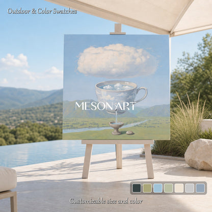 Surrealist Landscape Painting With Giant Cup Pouring Clouds For Modern Home Decor