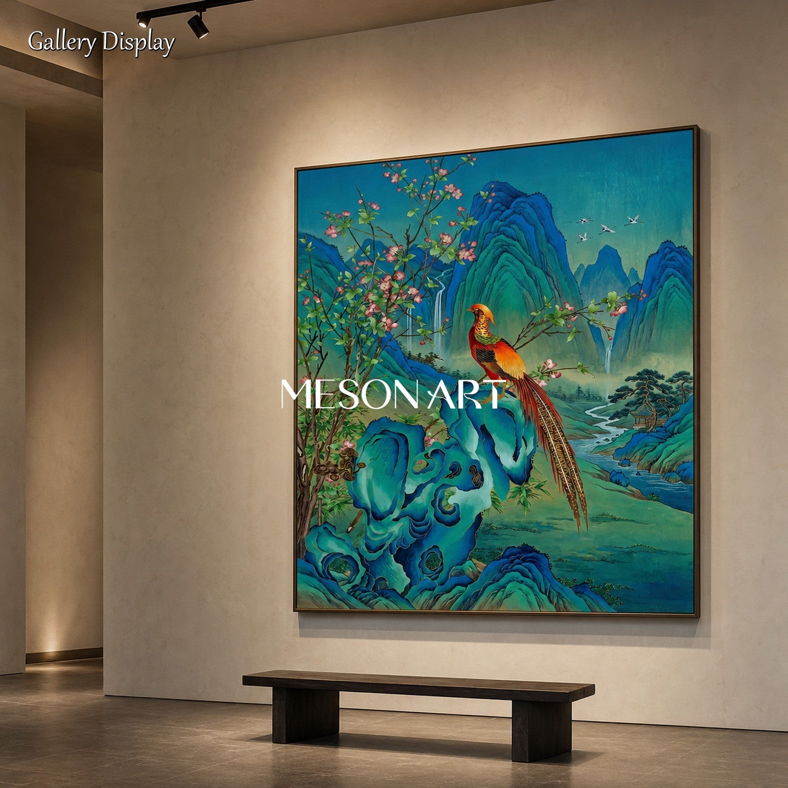 Blue And Green Gongbi Landscape Painting Rectangular Wall Art Bird And Blossom Original Artist By Mesonart