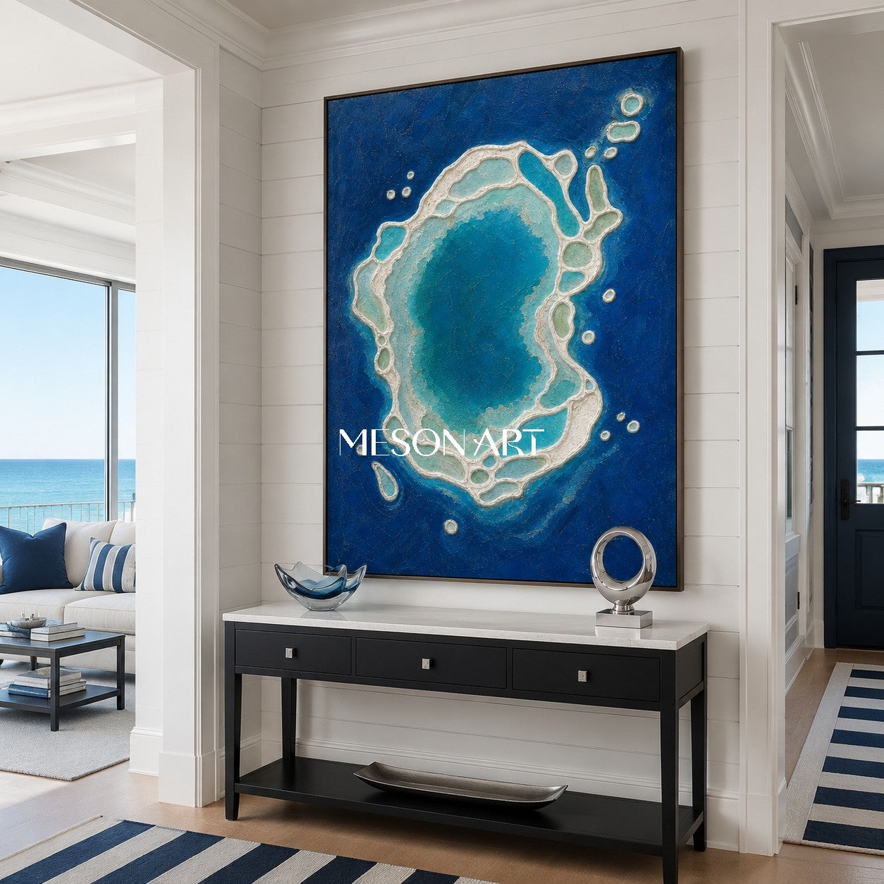 Azure Lagoon Circle Textured Blue And White Ocean Art For Living Room