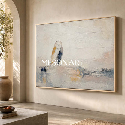 Minimalist Owl Painting In Beige And Grey Tones For Living Room Or Home Office Decor