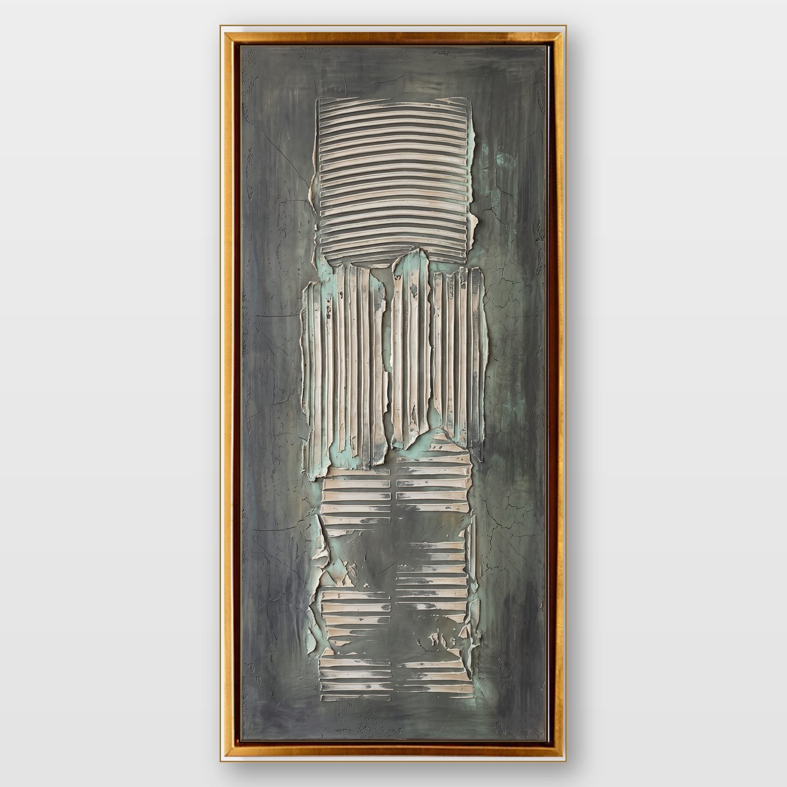 Green Abstract Plaster Texture Art With Gold Frame For Modern Home Decor