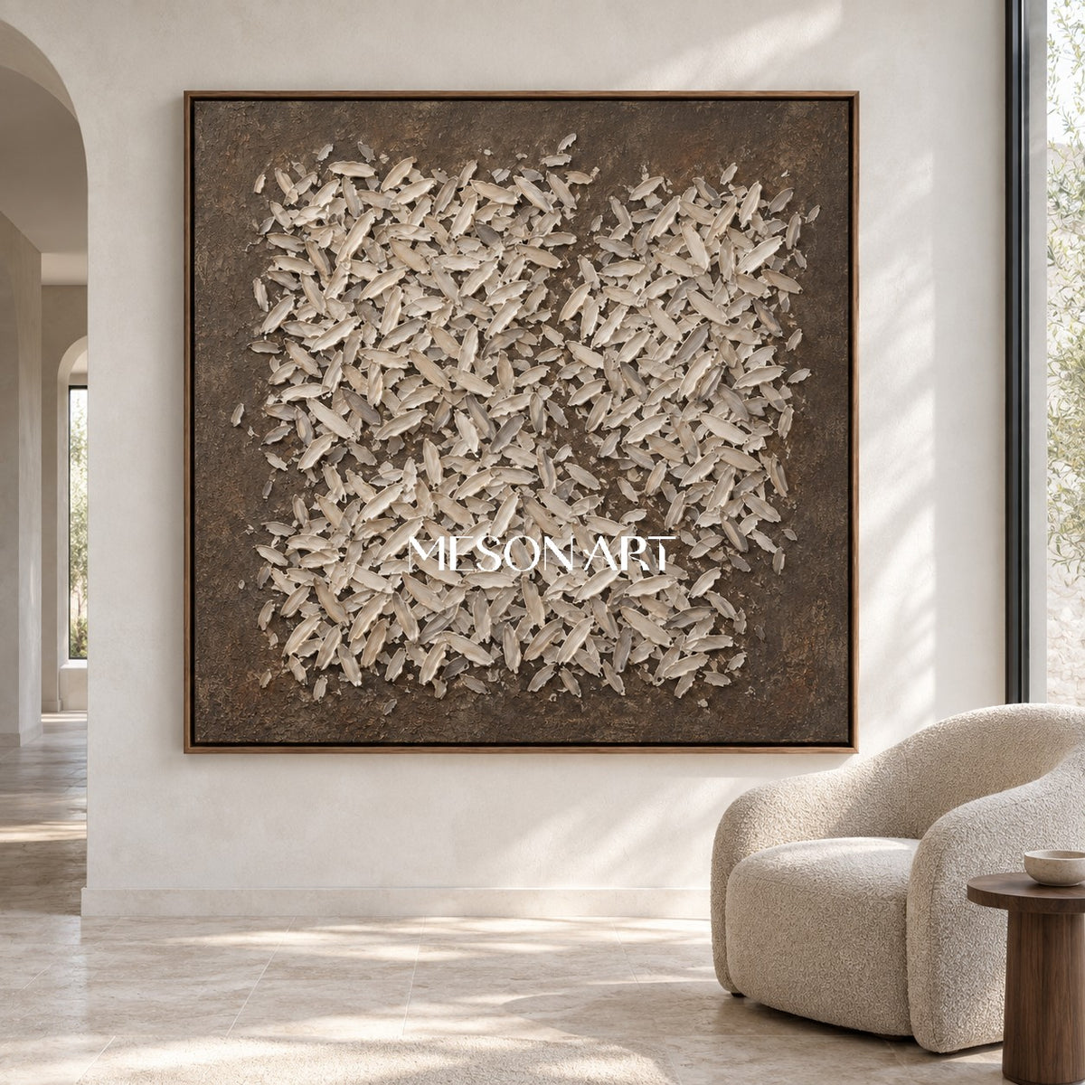 Beige And Brown Textured Abstract Art Square Wall Decor For Living Room By Mesonart