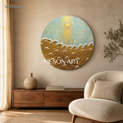 Golden Wave Painting Circular Art Deco Ocean Wall Art For Living Room Entryway