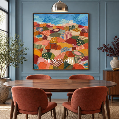 Blue And Orange Abstract Landscape Painting Original Hand Painted Square Wall Art For Living Room By Mesonart