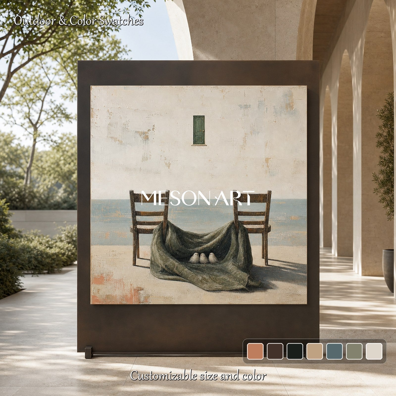 Surrealist Coastal Art With Birds And Chairs For Living Room Decor